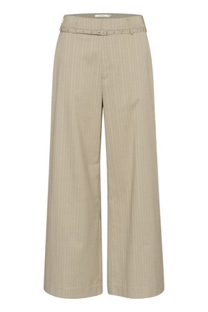 Wide-leg trousers in light beige fabric with vertical stripes, featuring a matching belt and decorative hardware at the waistband.