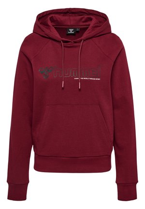 Bordowa bluza z kapturem, z przednią kieszenią kangurką, kapturem ze sznurkiem oraz logo "hummel" z hasłem "ZMIENIAJ ŚWIAT PRZEZ SPORT" na piersi.