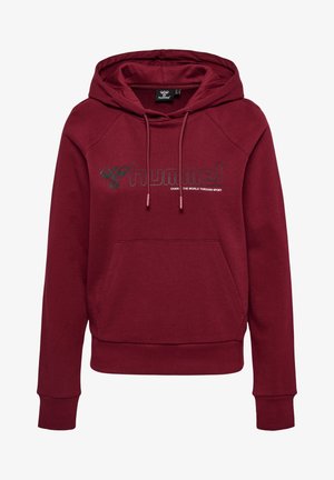 Bordowa bluza z kapturem, z przednią kieszenią kangurką, kapturem ze sznurkiem oraz logo "hummel" z hasłem "ZMIENIAJ ŚWIAT PRZEZ SPORT" na piersi.