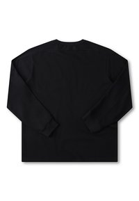 Camisola preta de manga comprida com padrão texturado, apresentando um decote redondo e punhos canelados. Vista traseira mostra um ajuste descontraído e acabamento liso.