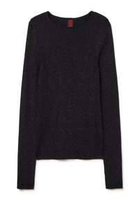 Zwarte geribbelde trui met lange mouwen, ronde halslijn, met een subtiele metallic draadtextuur overal.