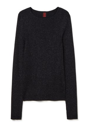Zwarte geribbelde trui met lange mouwen, ronde halslijn, met een subtiele metallic draadtextuur overal.