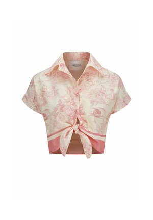 Chemise courte rose et crème avec un motif floral, manches courtes, fermeture à boutons et détail noué à l'ourlet. Fabriquée en tissu léger.