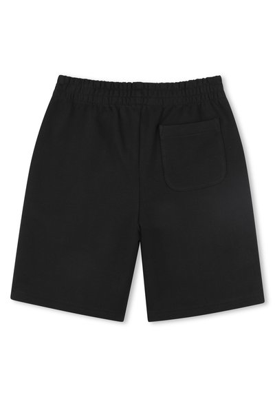 Zwarte shorts van zachte stof, met een elastische tailleband en een achterzak. Eenvoudig ontwerp met recht gesneden pijpen.