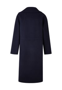 Marineblauw wollen jas met een plat kraag, lange mouwen en een rechte silhouet. Bevat een naad over de achterkant voor extra ontwerpelement.