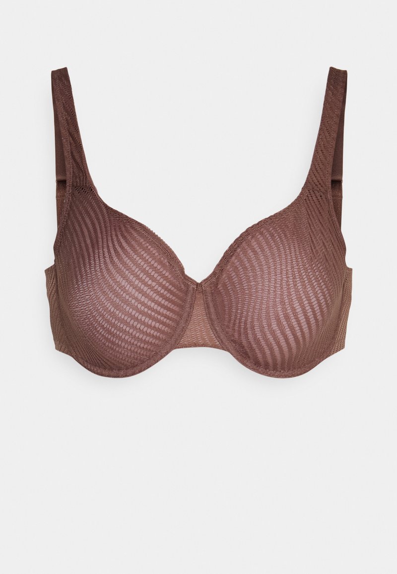 Brun underwire-bh med texturerade meshkupor, breda axelband och släta kanter. Har ett subtilt vågigt mönster för extra detalj.