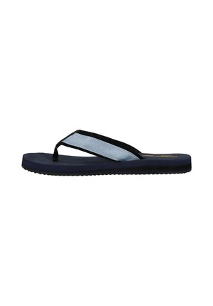 Tongs noires et bleu clair avec une sangle texturée, semelle plate et semelle intérieure profilée avec un motif.