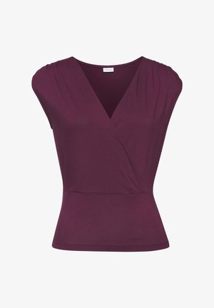 V-Ausschnitt-Oberteil aus dunkelpflaumefarbenem Stoff mit kurzen Ärmeln. Figurbetonter Schnitt mit dezenten Falten an den Schultern und einer taillierten Taille für eine formende Optik.