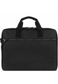 Bolsa de portátil negra hecha de un tejido duradero, con dos asas superiores, un cierre de cremallera y una banda con el logo en la parte delantera. Diseño rectangular simple.