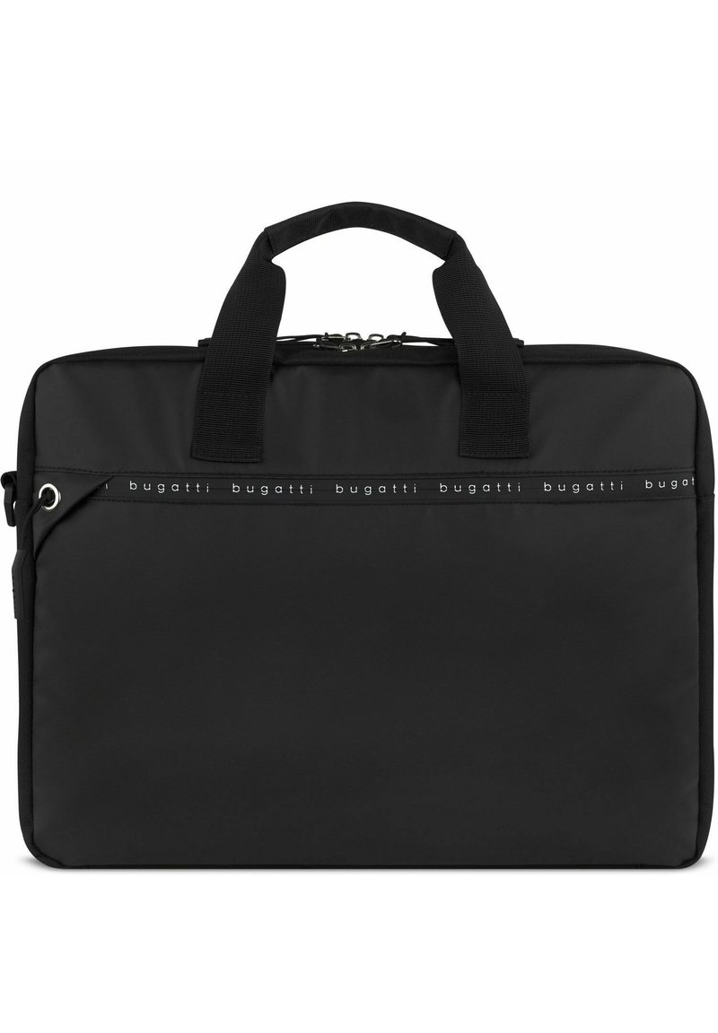 Bolsa de portátil negra hecha de un tejido duradero, con dos asas superiores, un cierre de cremallera y una banda con el logo en la parte delantera. Diseño rectangular simple.