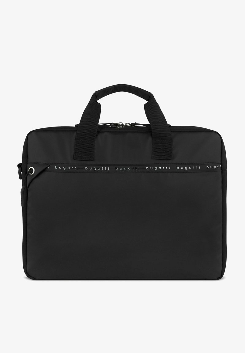 Schwarze Laptoptasche aus strapazierfähigem Stoff, mit zwei oberen Griffen, einem Reißverschluss und einem Logo-Band auf der Vorderseite. Einfaches rechteckiges Design.