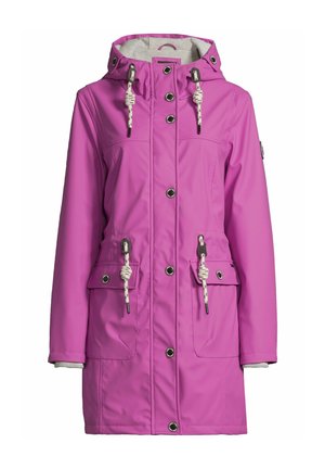 Leuchtend pinker Damen-Regenmantel mit Kapuze, Knopfverschluss, Kordelzug an Kapuze und Taille sowie zwei vorderen Pattentaschen mit Knöpfen.