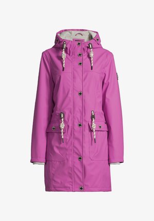 Leuchtend pinker Damen-Regenmantel mit Kapuze, Knopfverschluss, Kordelzug an Kapuze und Taille sowie zwei vorderen Pattentaschen mit Knöpfen.