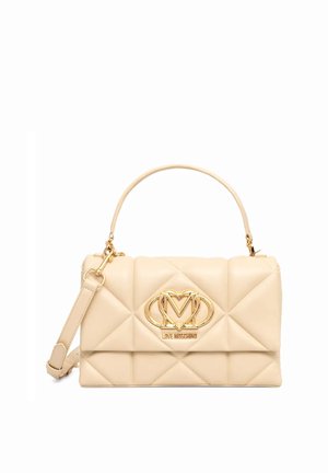 Borsa beige trapuntata Love Moschino con manico superiore, tracolla staccabile e fibbia con logo in tonalità oro sulla pattina frontale.