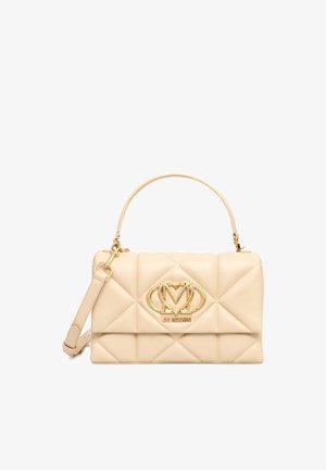 Borsa beige trapuntata Love Moschino con manico superiore, tracolla staccabile e fibbia con logo in tonalità oro sulla pattina frontale.
