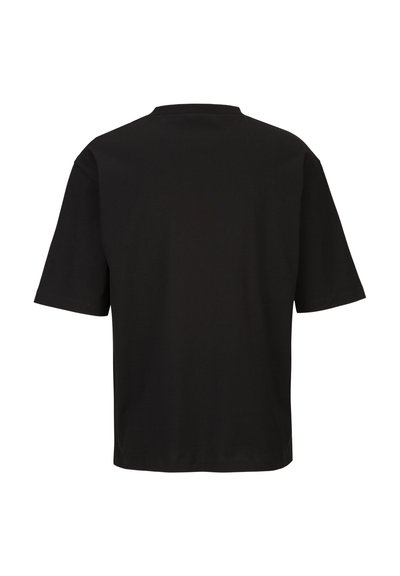 Schwarzes T-Shirt mit kurzen Ärmeln, aus weicher Baumwolle, mit lockerem Schnitt, Rundhalsausschnitt und minimalistischem Design, ohne sichtbare Markenkennzeichnung.