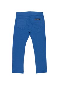 Leggings de algodón azul con una textura suave, que cuentan con una cinturilla y dos bolsillos traseros. La etiqueta de la marca está cosida cerca de la parte superior.