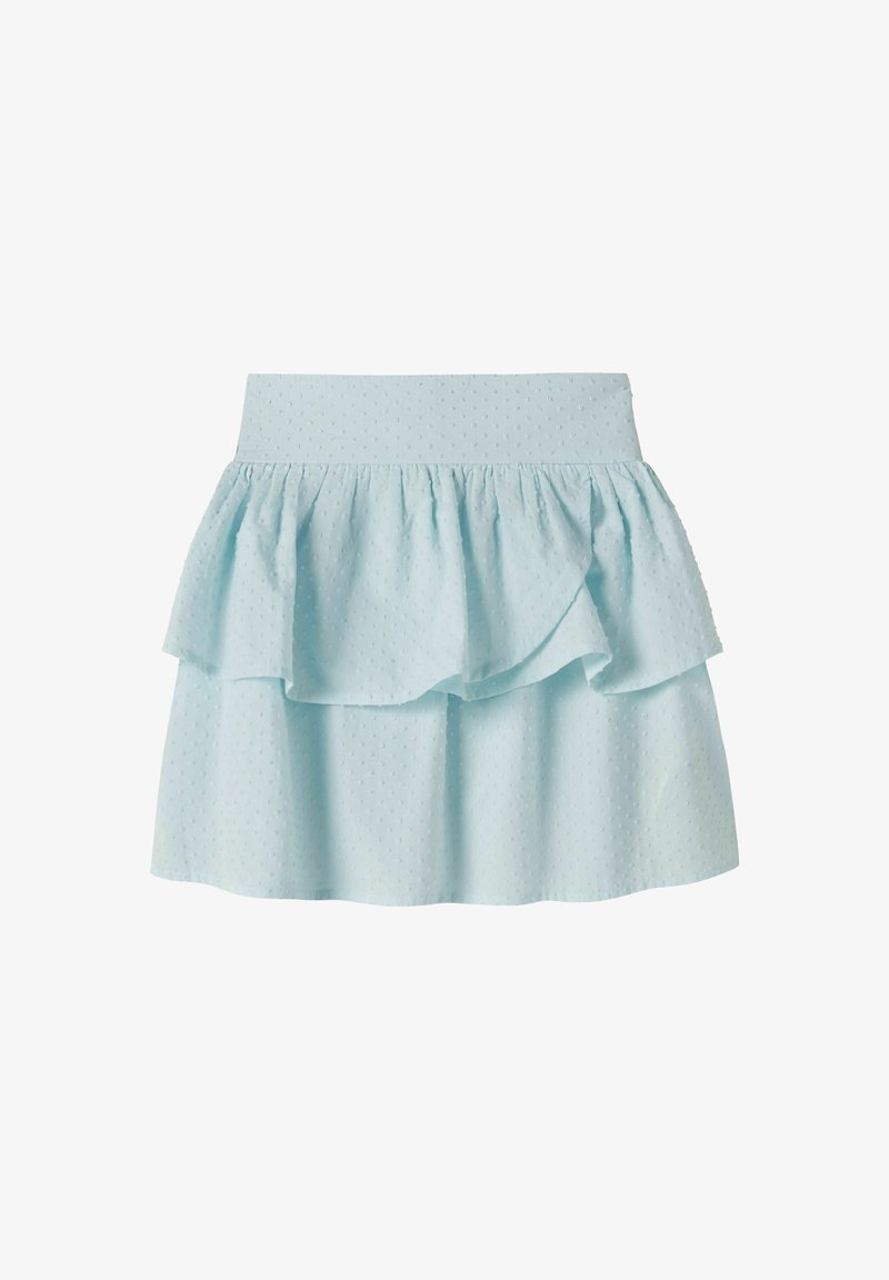 Jupe en tissu texturé bleu clair avec une large ceinture et un détail à volants superposés sur le devant.