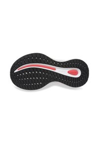 Black rubber shoe sole with textured tread pattern, featuring a curved design and a red accent line running along the side.