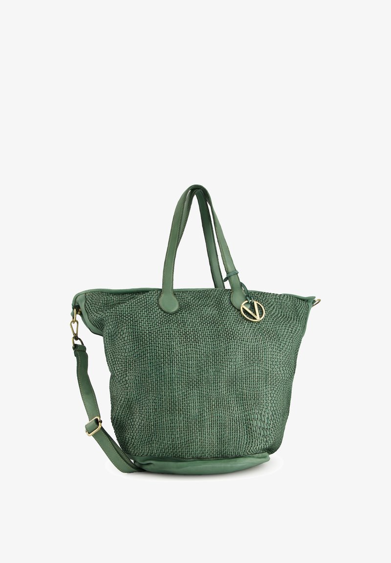 Green woven tote bag with leather accents, dual top handles, and a detachable shoulder strap. Features a gold logo detail.