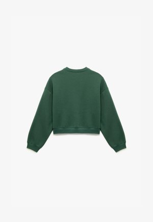 Groene cropped sweatshirt van zachte stof, met verlaagde schouders, geribbelde cuffs en een gladde textuur. Geen zichtbare logo's of patronen.
