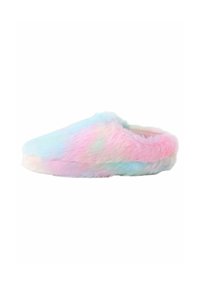 Faux-Fur-Hausschuhe in Pastellfarben—rosa, blau und gelb—mit einer runden Form und einer weichen, flauschigen Textur, die für den Komfort entworfen wurden.