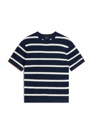 Marineblauw gebreid T-shirt met korte mouwen, brede witte horizontale strepen en een ronde hals.