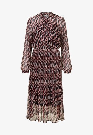 Robe à manches longues avec un motif géométrique noir, rose et beige, dotée d'une jupe plissée et d'un col à nœud papillon.