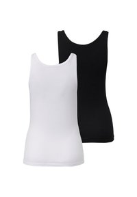 Dos camisetas sin mangas, una blanca y una negra, exhibidas sobre un fondo blanco.