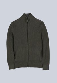Dark green ribbed zip-up sweater with a high collar, side pockets, and visible stitching. Smooth texture with a fitted design.