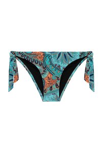 Parte inferior de bikini con un patrón de cachemira en turquesa y naranja, con lazos en los lados y un interior negro. Textura de tela suave.