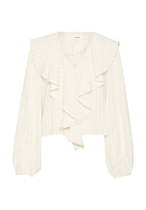 Valge, lühendatud blouse, millel on vertikaalsed triibud, sügava V-kaelusega ja volangidega esiosa detail. Pikad, puhvkaenlised varrukad elastsete mansettidega.