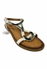 Sandalia blanca con una parte superior decorativa con cuentas negras y verdes, pedrería y una suela marrón cómoda. Incluye una correa ajustable en el tobillo.