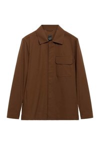 Brown jacket made of smooth fabric, featuring a collared neckline, front pocket, and long sleeves. Simple design with no patterns.