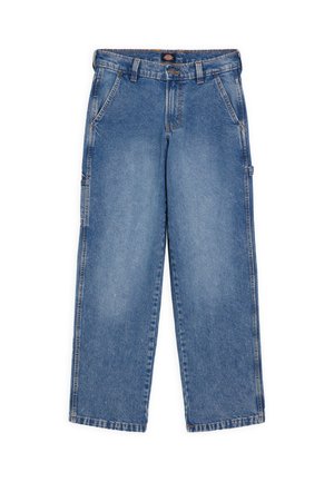 Light blue, wide-leg denim jeans feature front and side pockets, stitched details, and a classic waist. No visible wear or damage.