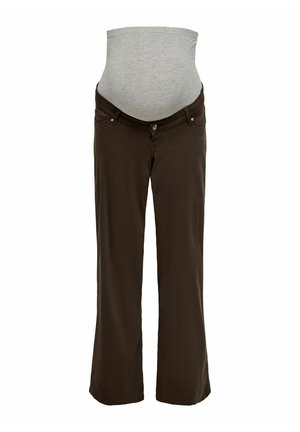 Pantalon de maternité marron avec une ceinture élastique grise haute conçue pour s'adapter sur un ventre de femme enceinte.