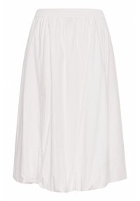 Jupe blanche mi-longue avec une taille élastique, offrant une coupe ample et une texture subtile. Fabriquée en tissu léger sans motifs.