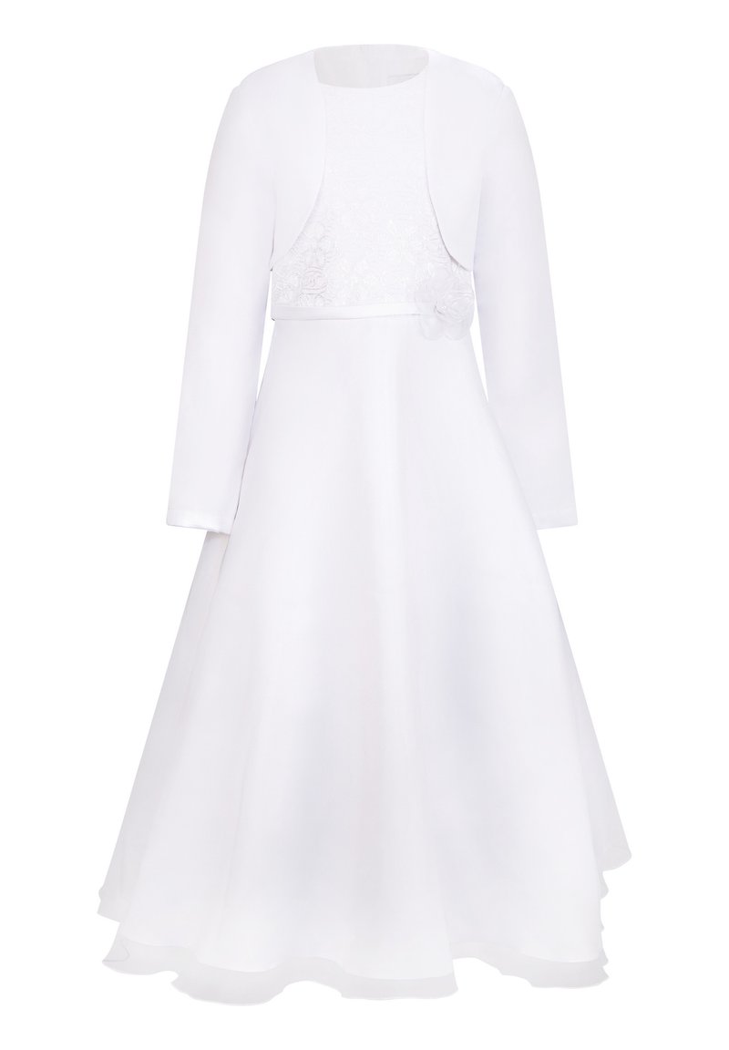 Vit klänning med långa ärmar och en figursydd bodice, med en spetsöverdrag och tygblomdekorationer. Urtavlad kjol med en slät yta.