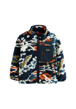 Mehrfarbige Fleecejacke mit abstraktem Camouflage-Muster, durchgehendem Reißverschluss an der Vorderseite und einem Reißverschluss-Brustfach mit Superdry-Logo-Patch.