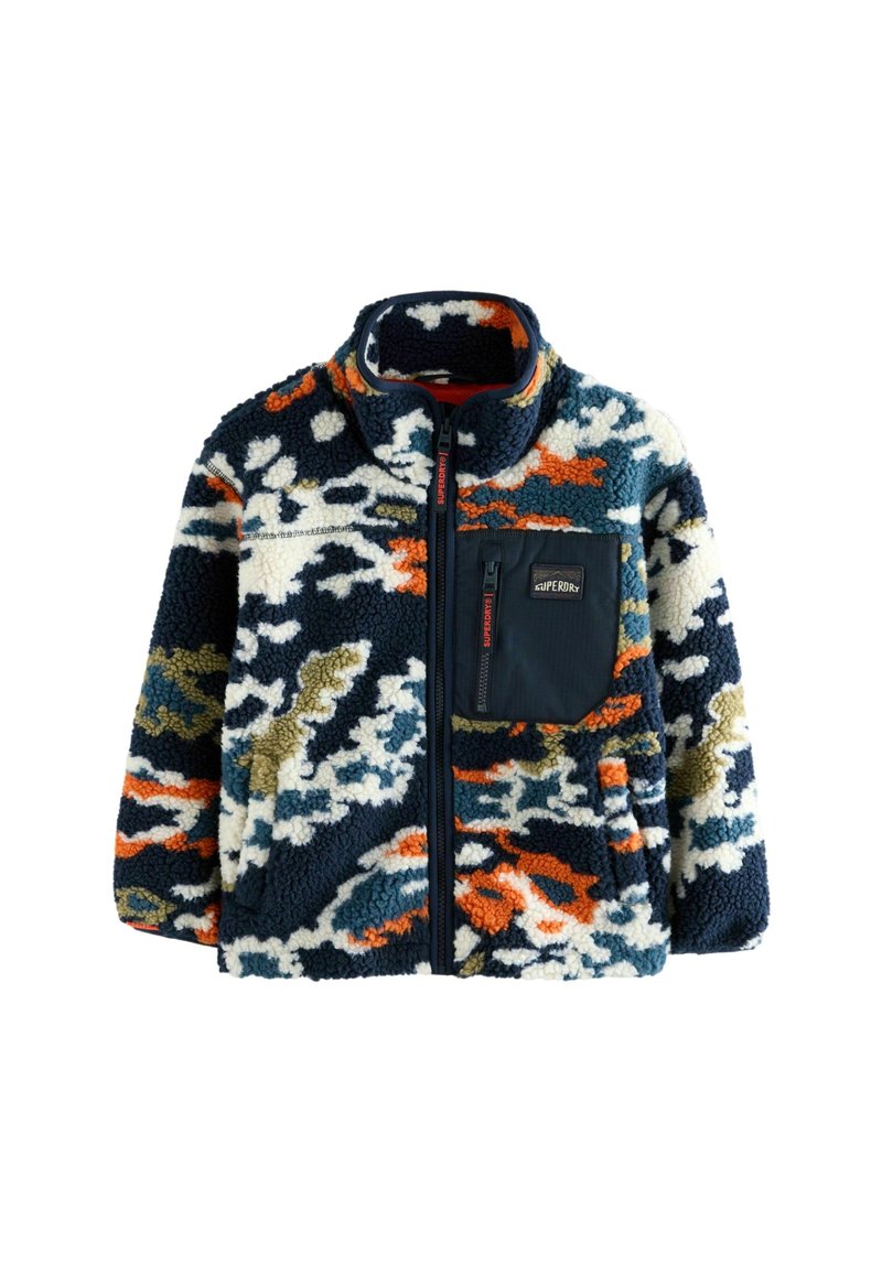 Wielokolorowa polarowa kurtka z abstrakcyjnym wzorem camo, z pełnym zamkiem z przodu i kieszenią na zamek błyskawiczny na piersi z naszywką logo Superdry.