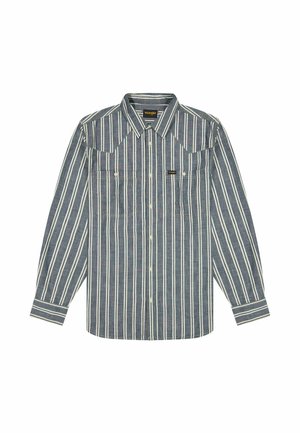 Blau-weiß gestreiftes Langarmhemd mit spitz zulaufender Passe, zwei Brusttaschen und durchgehender Knopfleiste. Hergestellt aus gewebtem Stoff.