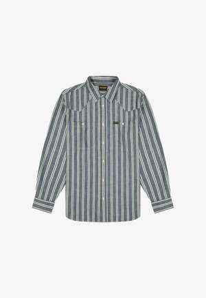Blau-weiß gestreiftes Langarmhemd mit spitz zulaufender Passe, zwei Brusttaschen und durchgehender Knopfleiste. Hergestellt aus gewebtem Stoff.
