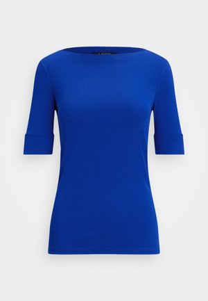 Blue short-sleeve top with a round neckline and rolled sleeves, made from smooth fabric. Simple, structured design with a fitted silhouette.