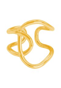 Bague en métal doré avec un design torsadé, présentant des lignes lisses et courbées qui créent une forme abstraite. La finition polie accentue le brillant.