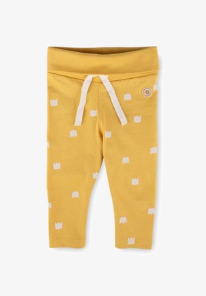 Pantaloni gialli in cotone con motivi a corona bianca, vita elasticizzata e coulisse. Presentano una toppa del logo sul lato. Adatti per un look casual.