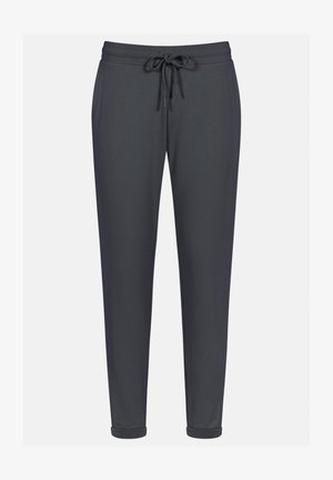 Grijze stretch joggerbroeken met een trekkoord in de taille, taps toelopende pijpen en manchetten aan de enkels, gemaakt van een zachte, gemengde stof.