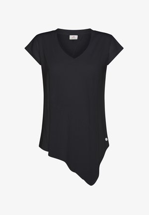 Mustat V-pääntie t-paita, jossa on hihattomat hihat, epäsymmetrinen helma ja pehmeä kangas. Mukana pieni logo-yksityiskohta alareunassa.