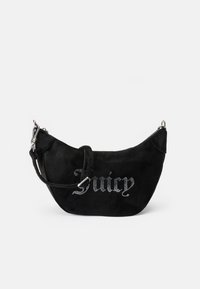 Borsa a mano in suede nero con forma curva, con la scritta "Juicy" in strass argento, tracolla regolabile e dettagli in metallo argentato.