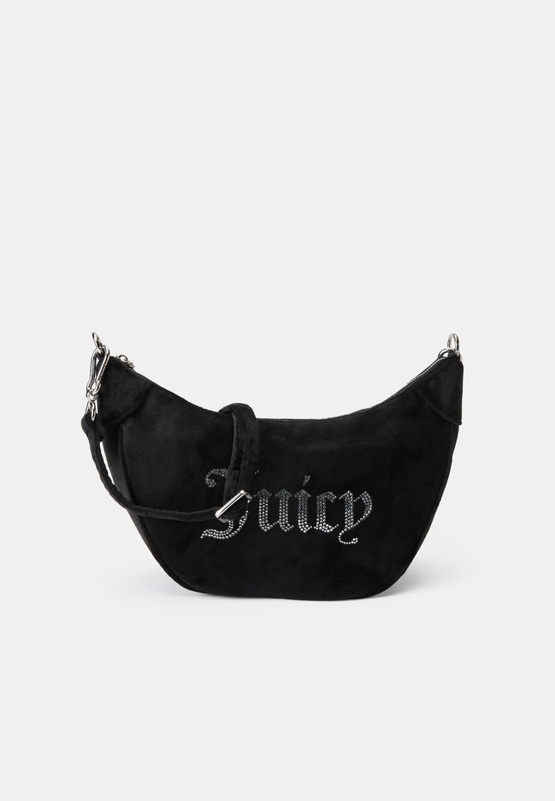 Borsa a mano in suede nero con forma curva, con la scritta "Juicy" in strass argento, tracolla regolabile e dettagli in metallo argentato.