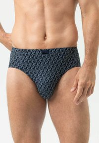 Caleçons pour hommes en bleu foncé avec un motif répété d'éléphants blancs. Tissu doux, coupe ajustée, et une étiquette logo à la ceinture.